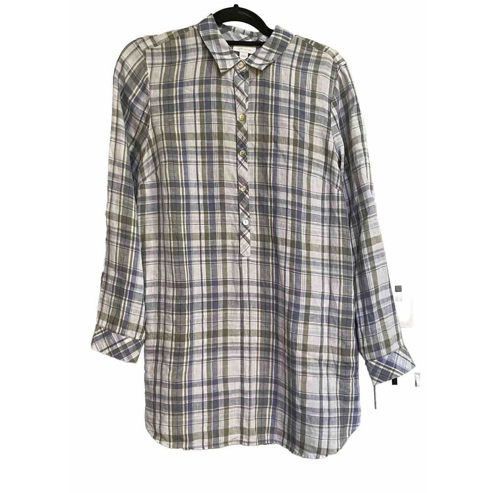 J Jill Love‎ Linen Top Plaid Pullover Tunic Roll Tab Sleeve Pockets Womens Small